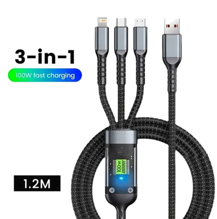 100w Transparent chip 3 In1 super fast charging Data Cable with lighting/Type c/Micro USB