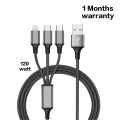 With Warranty 3 in 1 Cable 20/30 /65 / 120 Watt  Max Support Usb Type A To Type Micro / B / C / Lightning  Cable. 