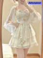 Ashunqiwen French Elegant Floral Mini Dress Chiffon Long Sleeve Evening Party Dress Women Holiday Beach Boho Fairy Dress Korean 2024 Robes. 