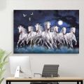 Single Panel Seven White Horse Force Running on Full Moon Night On River Splashing Out Water Matte Canvas Cotton Print | HQ | Great Significance in Vastu | XXS | Tightly Wrapped In Wooden Frame | Not stickers or No Forex Board. 