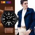 SKMEI 9115 Men's Casual Date Display Leather Strap Luminous Quartz Watch - Brown. 