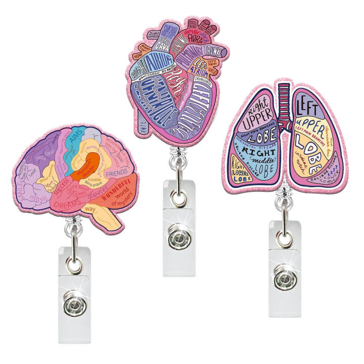 Rotating Retractable Reel Brain Id Badge Holder Heart Acrylic Glitter ...
