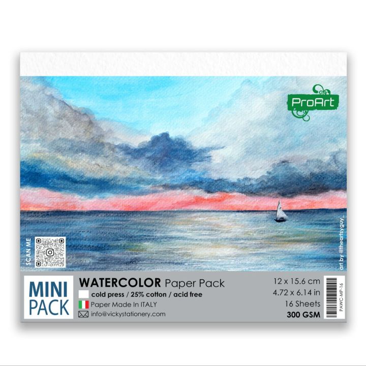 ProArt Artists- Watercolor Paper Pack Postcard Size 12x15.6 CM, 300GSM (25% Cotton-Cold Pressed) ,16 Sheets