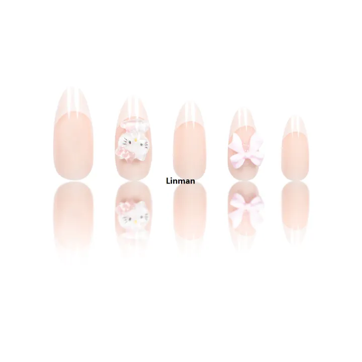 Linman%2024PCS%20Almond%20Armor%20Nail%20Patch%20Sanrio%20White%20French%20Stereo%20Special%20Hello%20Kitty%20Drill%203d%20Pink%20Butterfly%20Drill%20Wear%20Armor%20suit%20-%20Image%204