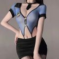 Fancyra Women Police Officer Cosplay Costume Sheer Bodysuit Mini Dress with Badge & Tie - Halloween Role Play Lingerie. 