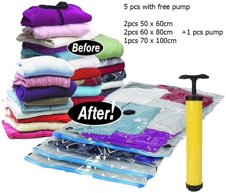 Reusable Space Saving Vacuum Storage Zip Lock Bag - Pack Of 5- Free Pump