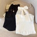 Simple Sleeveless Lace-up Camisole Pleated Solid Color Lace Vest Tops Beach Wear Halter Women's Crop Top Party. 