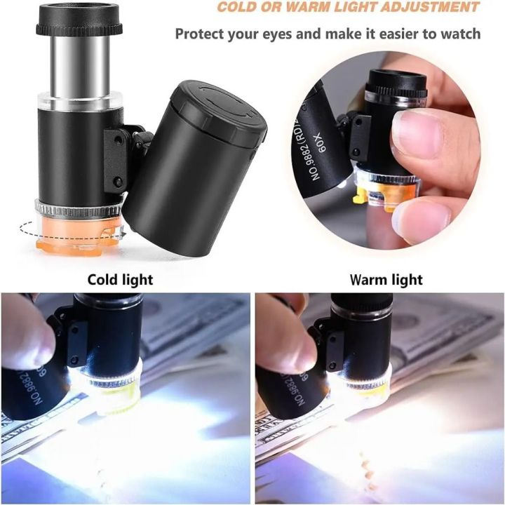Microscope Mini Glass New 60X Mini Pocket Microscope Identification Antique LED UV Light ...