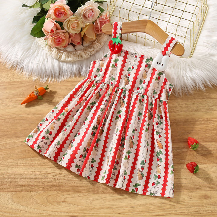 Summer New Baby Girls Dress Halter Strawberry + Bunny Embellished Polka Dot A-line Dress Sweet Princess Dress