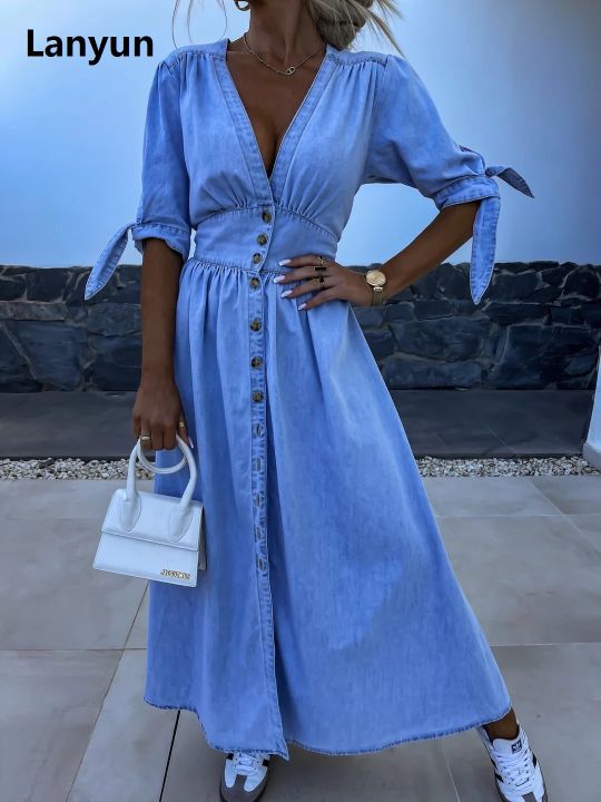 Lanyun%20Spring%20Summer%20New%20Women's%20Clothing%20Solid%20Color%20Fashion%20Bargain%20price%20V-neck%20Long%20Single-Breasted%20Denim%20Dress%20-%20Image%207