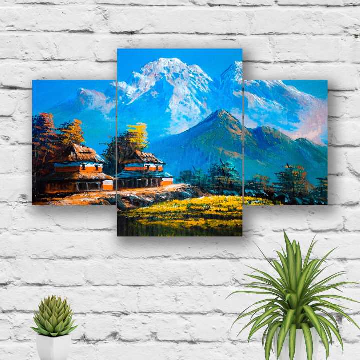 Nepali Village Painting 3 panel Printed on vinyl frame with free