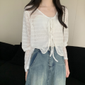 Soft Transparent Mesh Cardigan Shirt Beach Crochet Sweater Hollow Sun Protection Cardigan Tops Lace Up Knit Lace Small Shawl Jacket Summer. 