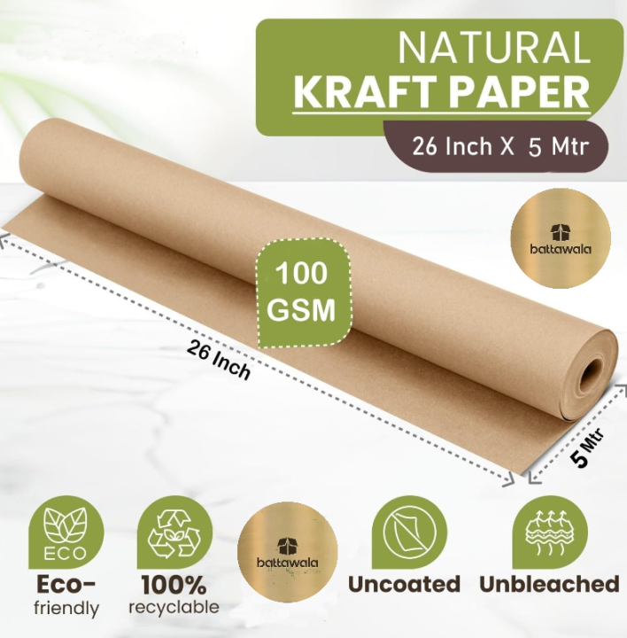 Battawala || 26 Inch 5 Meters Eco Kraft Natural Brown Paper Roll || 100 GSM || Perfect for Packing, Wrapping, Crafting, Shipping & DIY Projects || Unwaxed and Uncoated