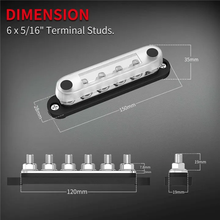 12V%20Bus%20Bar%206x5/16Inch%20(M8)%20Terminal%20Studs%2012%20Volt%20Power%20Distribution%20Block%20Accessories%20with%20Cover%20Battery%20Bus%20Bar%2012V-48V%20for%20Auto%20-%20Image%202
