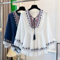 Simple Lace-up Tassel Bohemian Style T-shirt Embroidery Loose Short Sleeve T Shirt Blouses High Waist Ethnic Style Tops Summer. 