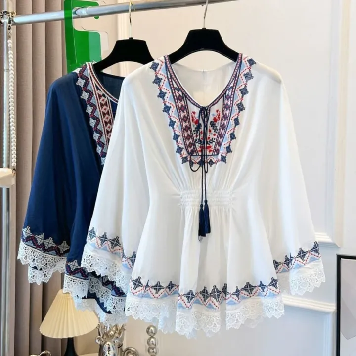 Simple%20Lace-up%20Tassel%20Bohemian%20Style%20T-shirt%20Embroidery%20Loose%20Short%20Sleeve%20T%20Shirt%20Blouses%20High%20Waist%20Ethnic%20Style%20Tops%20Summer%20-%20Image%204