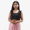 Pink Color Silk Embroidered Fix Saree With Black Blouse Set For Women. 
