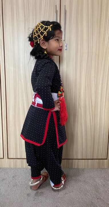 Girl%20Newari%20Traditional%20Dress%20Set%201%20Dress%20And%20Jangawal%20suruwal%20Patuki%20With%20Red%20Boarder%20Muga%20Red%20Mala%20Silver%20Plated%20Jyapu%20Shikhaa%20Sachika%20For%20Hair%20Bond%20%20Gold%20Plated%20Ear%20Ring%20%20Makasi%20%20Gold%20Plated%20Nyapu%20Shikhaa%20%20Silver%20Plated%20Kale%20-%20Image%203