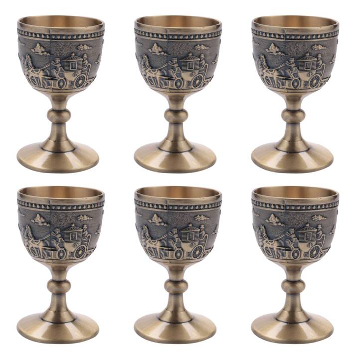 6X Classical Metal Wine Cup Handmade Small Goblet Household Copper Wine Glass Carving Pattern