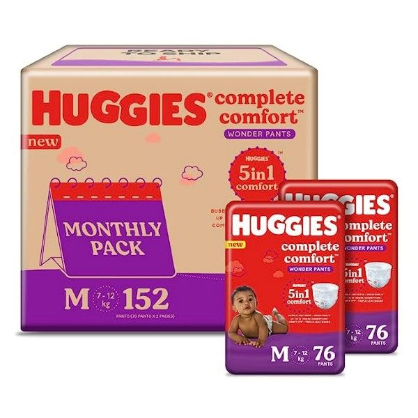 Huggies Wonder Pants (M) 152 pcs Size (7-12 Kgs) Baby Diaper Pants| Complete Comfort India's Fastest Absorbing Diaper with upto 4x faster absorption | Unique Dry Xpert Channel