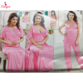 Fancyra Women 6 Pieces Set Pink Satin Nightwear Nighty Set with Gown Top Pants & Lingerie. 