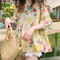 HOT Babydoll Shirt Women's Top Korean Style Loose Sweet Floral Mid-Sleeve Blouse. 