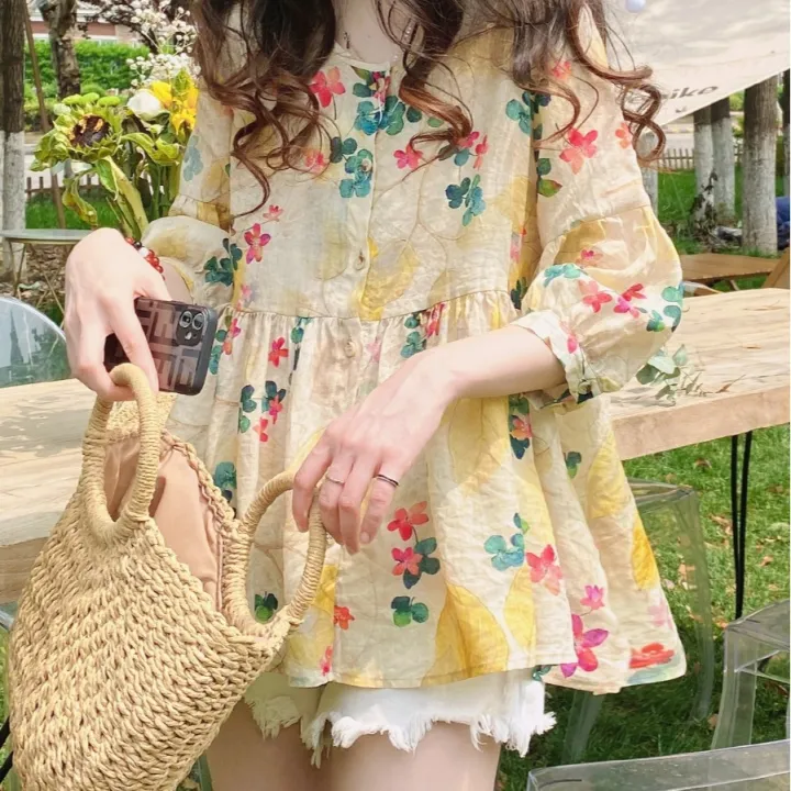 HOT%20Babydoll%20Shirt%20Women's%20Top%20Korean%20Style%20Loose%20Sweet%20Floral%20Mid-Sleeve%20Blouse%20-%20Image%203
