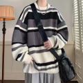 Autumn and Winter striped sweater men's all-match outer wear men's round neck sweater Hong Kong style spring and autumn plus size sweater factory straight hair. 