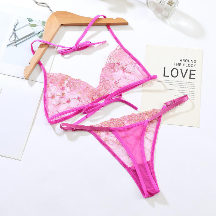 New Style Pink Lace Transparent Embroidery Sexy Hot Underwear With Bra And Panty Set