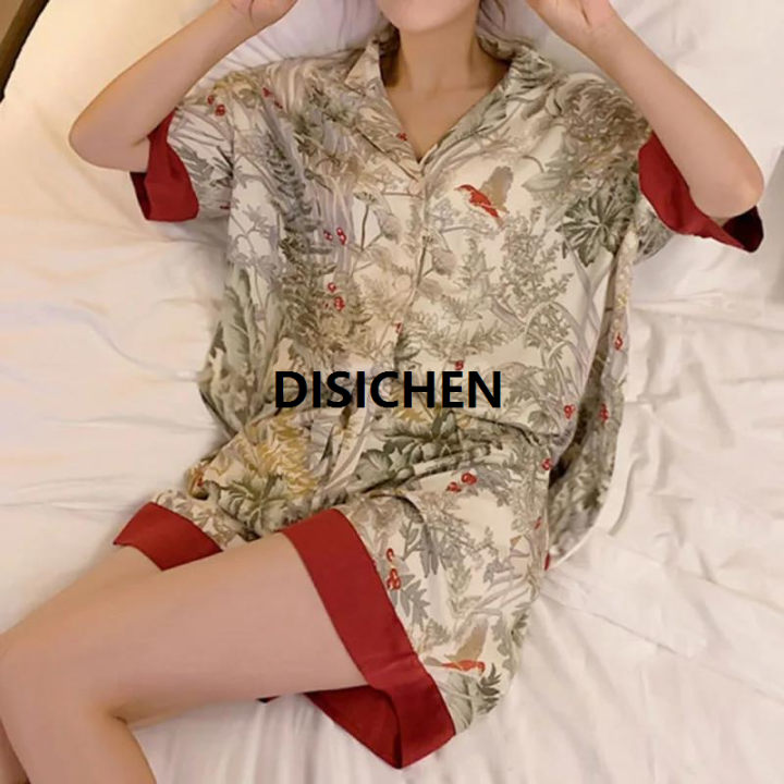 DISICHEN%20Women's%20Pajamas%20Short%20Sleeves%20Lapel%20Cardigan%20Girl%20Clothes%20Home%20Wear%20Two-Piece%20Woodland%20Bird%20Print%20Sleepwear%20Student%20Nightwear%20New%20style%20-%20Image%203