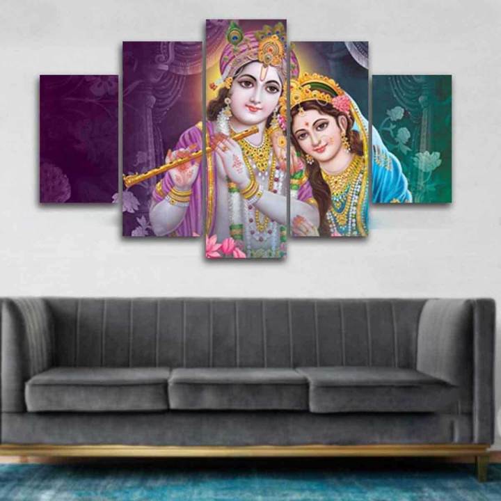5 Panel Radha Krishna  Wall Hang Canvas Print With Wooden Frame