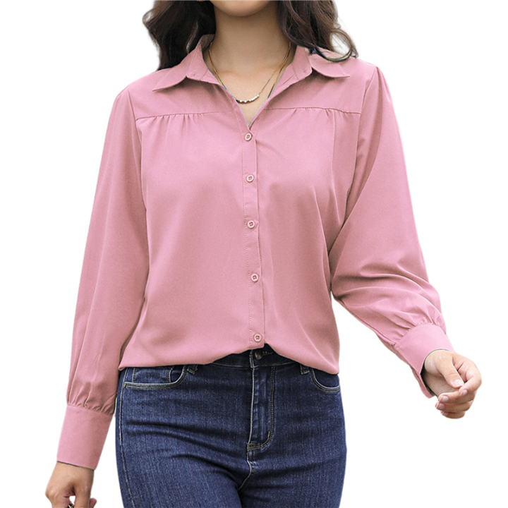 Womens Long Sleeve Office Shirt Tops Pink XXL