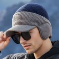 Fashion Ear Protection Men Knitted Cap Knit Wool Casual Beanies Hat Short Brim Keep Warm Ski Earflap Hat Cycling. 