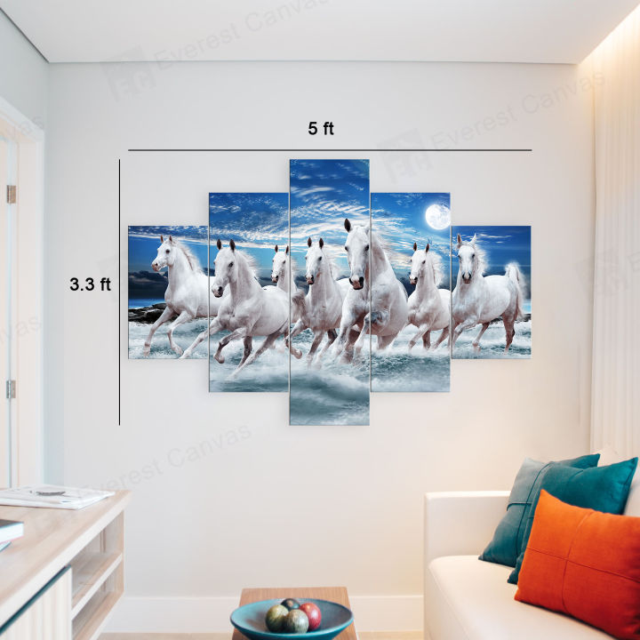 5%20Panel%207%20White%20Horse%20Blue%20Background%20Animal%20Canvas%20Wall%20Art%20with%20Wooden%20Frame%20by%20Shriniti%20-%20Image%202