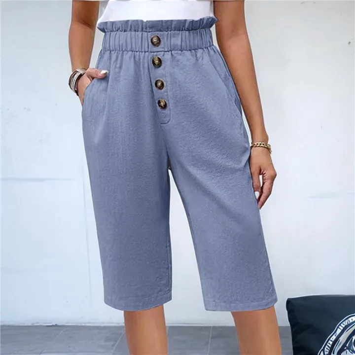 Women's%20solid%20color%20button%20casual%20pants%20Light%20blue%20XXL%20-%20Image%205