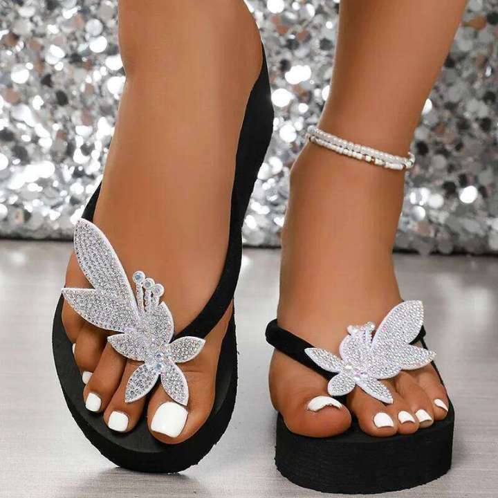 Crystal Floral Wedge Heels Flip Flops Women Summer Thick Bottom Clip Toe Sandals Woman Platform Lightweight Slides Shoes