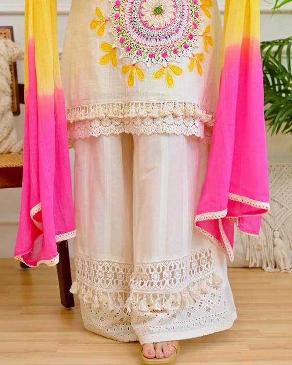 Women%E2%80%99s%20Pure%20Cotton%20Schiffli%20&%20Lino%20Kurti%20Pant%20with%20Lahariya%20Dupatta%20Set%20By%20Sapnaaz%20Fashion%20-%20Image%207