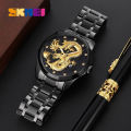 SKMEI 9193 Dragon Design Quartz Stainless Steel Watch For Men - Black. 