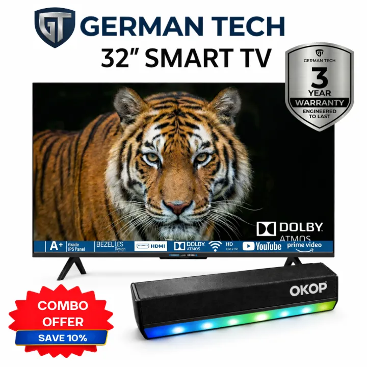 German Tech Combo: 32 Inch Smart TV (GT32S109HD) + OKOP 20W Bluetooth PC TV Soundbar Special Offer | Latest Android 14 | A+ Grade IPS Panel German Technology | Bezel-less Frameless Design | 24W Monster Sound - HD 1366x768 | 3 Years Warranty | Home Theater