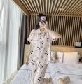Printed 2Pcs Short Sleeve Pajama Set For Womens Summer Casual Silk Satin Button Sleepwear Ladies. 