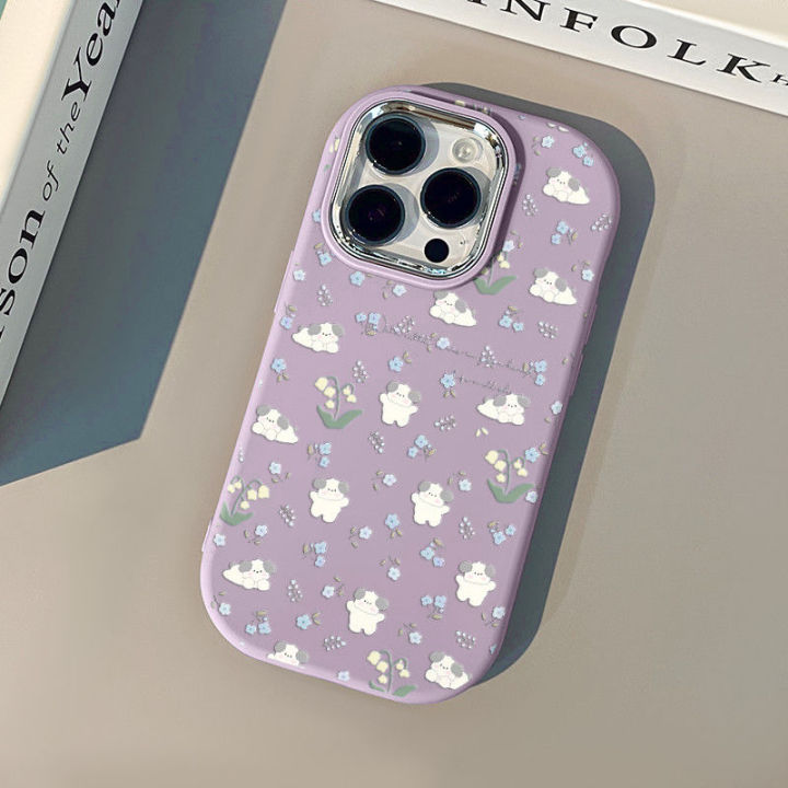 Little Fresh Blue Flower Puppy Graffiti Cover Compatible for IPhone 15 11 14 13 12 Pro Max 7Plus XR XS Max X 7 8 Plus SE Macron Plating Metal Lens Case