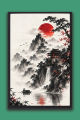 Japanese Mountain Landscape & Red Sun Wall Art | one Piece Frame. 