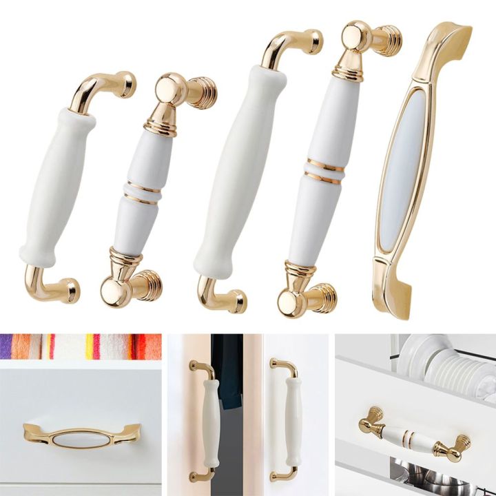 Gold White Zinc Alloy Kitchen Cabinet Pulls Ceramic Door Handles ...