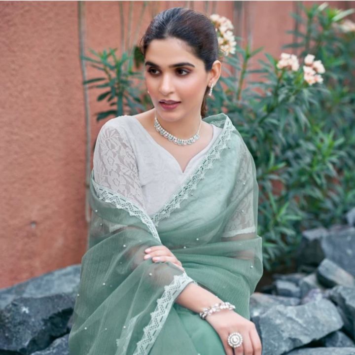 Saree For Women. Shimmering Net Blue Saree With Moti Work. Saree With Unstitched Blouse