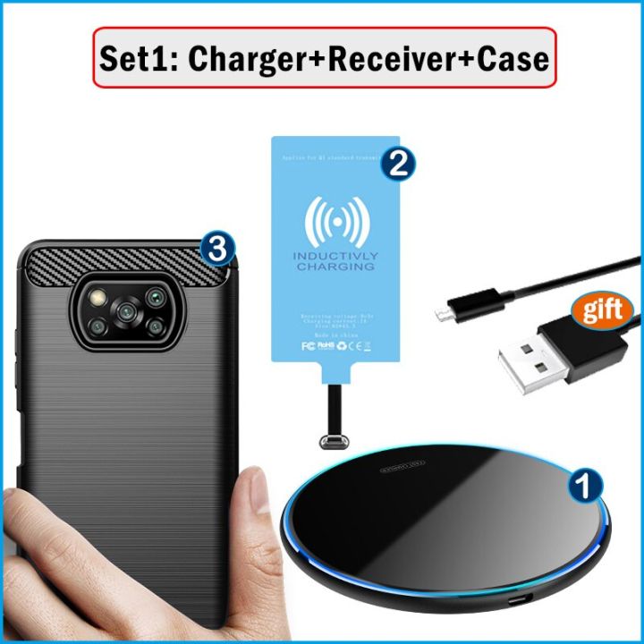 Qi Wireless Charging Kit for Xiaomi POCO X3 Pro/Poco X3 NFC Wireless Charger Transmitter+USB Type-C Charging Receiver+Phone Case