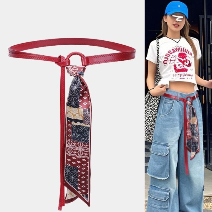 Vintage Style Leather Belt Silk Scarf Belt Red Black Coffee Bandana Scarf Waist Chain Retro Waistband Hip Hop Fashion