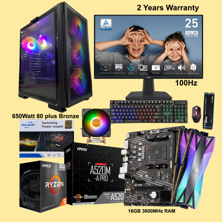Budget Gaming Desktop PC & MSI 24" Inch 100Hz IPS Monitor with AMD Ryzen 5 5600G | 16GB 3600MHz RAM | 256GB SSD | 650W SMPS | RGB Mouse & Keyboard | Gaming Pc