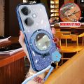For OnePlus Nord CE 3 Lite / Nord CE3 Case with Braided Lanyard + Makeup Mirror Stand Luxury Shiny Plating Glitter Girls Phone Cases. 
