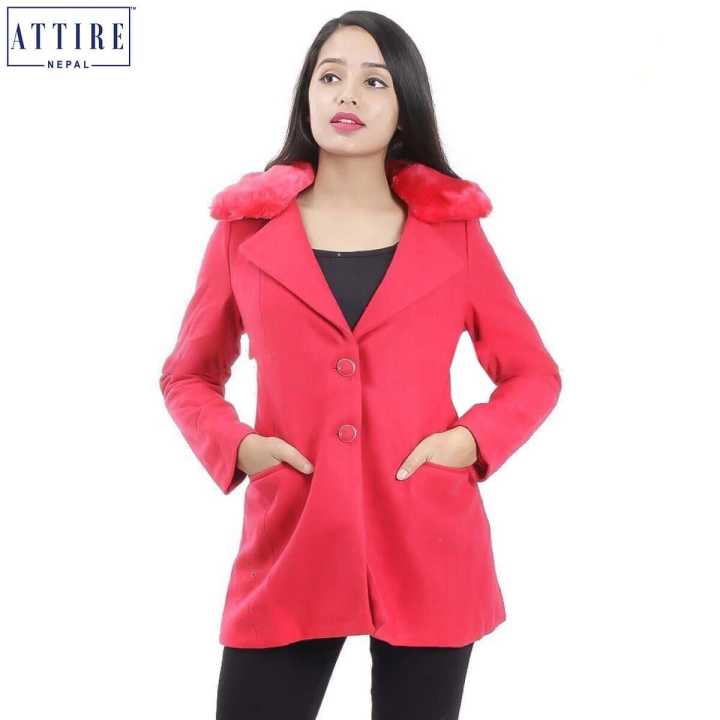 Attire Nepal Red Solid Coat For Women (C-52)