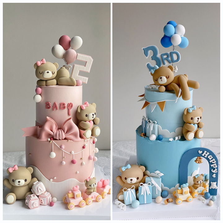 Bizzy Pink Blue Bear Birthday Cake Toppers Decoration Boy Girl Happy ...
